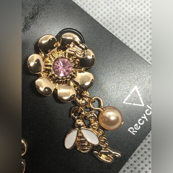 Guess‎ gold tone flower bud pink tourmaline gemstone look dangle charm earrings - Picture 4 of 16